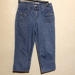 Faded Glory Jeans Capris Pants 10 Blue Medium Wash Stretch Flap Pockets Cotton